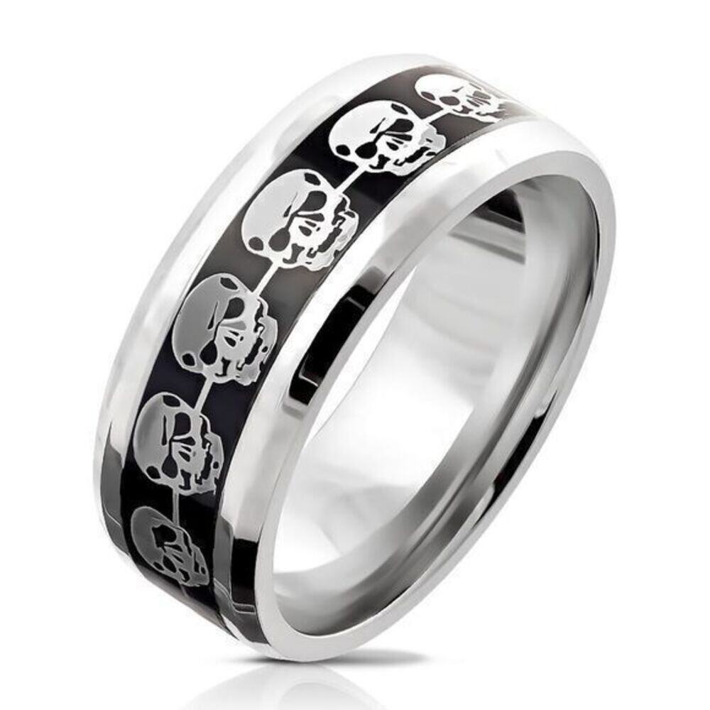 Men's Silver Skulls on Black 316L Stainless Steel Ring band Size 12